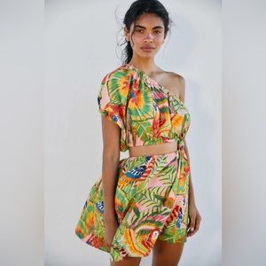 FARM RIO Macaw Leaves One-Shoulder Mini Dress